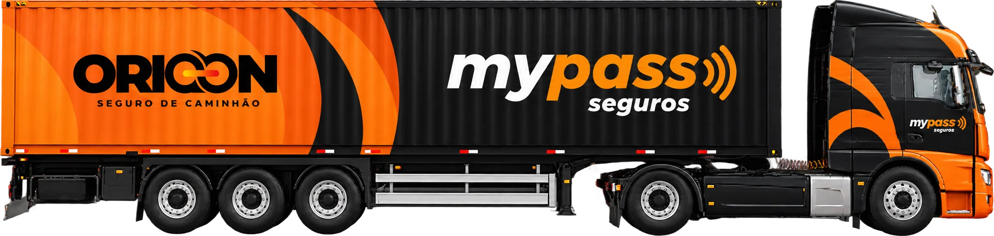 Caminhão com as marcas Mypass Seguros e Orioon Seguro de Caminhão